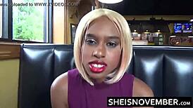 Slim african american girl msnovember gives risky blowjob in fast food restaurant
