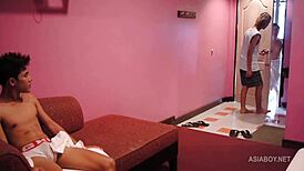 asian guy spits and sucks bareback cock in gay threesome