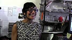 Feminge 4k - black haired lesbian gets pussy licked in cafe threesome