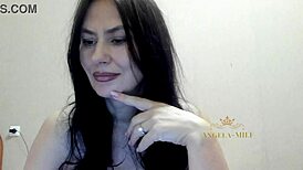 brunette milf angela jerks off shaved pussy for young wankers while moaning