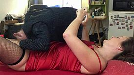 White amateur milf in red satin dress banged doggy style with spanking