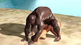 Big black man dominates horny ebony on savage island beach