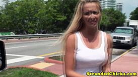 real hitchhiker blonde amateur polishes driver's knob in wild outdoor pov