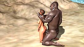 Big black man dominates horny ebony on savage island beach