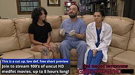 Nicole Luva gets butt naked as Dr. Aria Nicole performs speculum examination with gloves on her natural tits and masturbation.