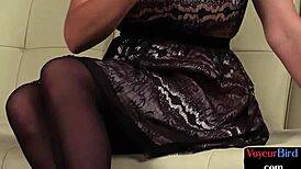 Classy UK brunette spreads legs wide to humiliate cheated voyeur loser