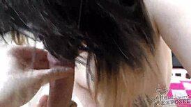 18-Year-Old Goth Andy Teen Sucks for Cum-Covered Pierced Tits