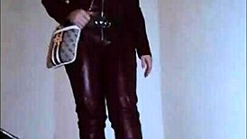 Hey, check out this leather catsuit with pantyhose and miniskirt combo.