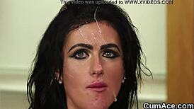 wacky bombshell endures jizz facial and swallows every drop of sperm
