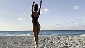 Monika Fox indulges in solo masturbation on the beach, featuring squirt and prolapse in a free video.