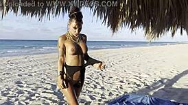 Monika Fox indulges in solo masturbation on the beach, featuring squirt and prolapse in a free video.