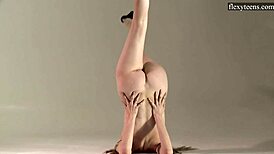 Sofia zhiraf, skinny sexy blondie, flexes in athletic workout on sofa