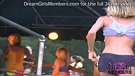 dirty wet t-shirt contest at wild biker rally. raunchy public flashing in outdoor nude party.