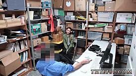 Asian woman in police uniform gives hardcore interracial blowjob while discussing habitual theft