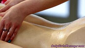 The massage babe tribs her curvy client with big tits.