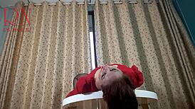 nice lady strips in pantyhose and heels, teasing neighbors with her curvy body at the desk.