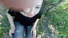 Petite slut sucks in hidden woods