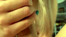 my girlfriend gives a close-up handjob to me, her blonde babe with small tits, leading to cumshot on day 45.