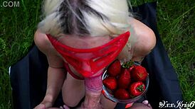 Outside Strawberry Blowjob With Sperm Cream On Food Fetish