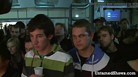 Hot nurse strips and swallows cock on stage