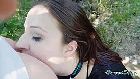 Petite slut sucks in hidden woods