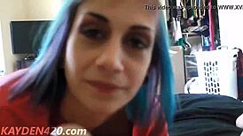 yo, check this emo girl with blue hair givin a pov blowjob and gettin drilled