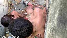 brunette trans risks blowjob in public, almost caught