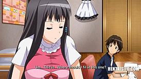 In an uncensored anime, girls at the company seduce and fuck the intern