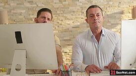 Lady boss says, 'come here assistants, let's have a dp threesome in the office with my shaved pussy.'