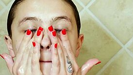 charming brunette model showered after photoshoot interview with father-in-law