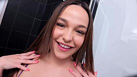 Skinny babe feels cum filling her ass