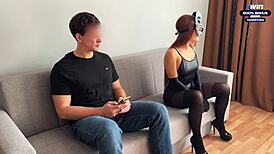 yo, this slutty chick in leather dress bangs a stranger!