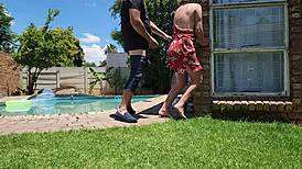 assisting neighbor's wife with pool in outdoor upskirt moment