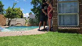 assisting neighbor's wife with pool in outdoor upskirt moment
