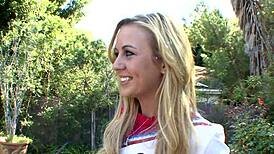 Blonde teen Mae Meyers surprised by two studs in intense couch threesome