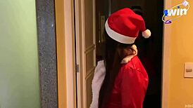 Two Brazilian lesbians moan loudly on Christmas night with big cocks involved