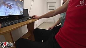 Watch This Brunette Deep Suck Her Boyfriend's Big Cock While Playing Crossout! Cum In Mouth Creampie Action.