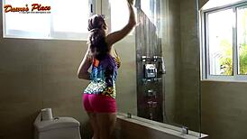 Wow, Dawn Allison from DawnsPlace teases with natural 32DDD tits as glass cleaner!