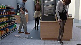 Girl gets handjob behind counter in anime.