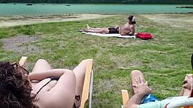 Voyeur jerks off on beach while I touch myself