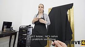 Bang The Brunette Czech With Big Ass In Stockings At The Barber Shop! Group Watches Old Cuckold.