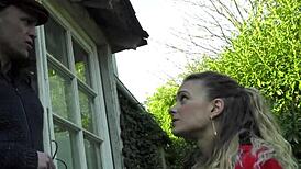 The cute French girl with big tits sucks an elder's cock eagerly.