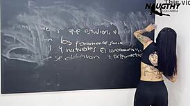 Beautiful latina teacher masturbates solo in classroom with dildo 😍