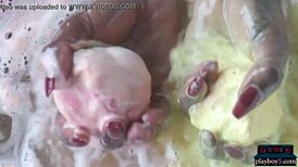 tall black milf ana foxxx strips down and enjoys a hot bath