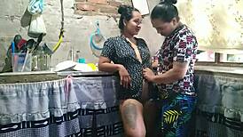 Horny Latina Cheats with Stepsister in Kitchen Sex.