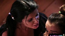 busty lesbo says, 'pleasure my pussy'