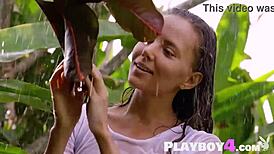 cute russian milf model katya clover posing outdoor exposing amazing wet body to camera