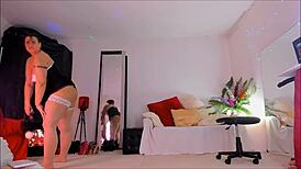 Naughty curvy maid cleans room and poses