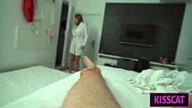 Step mom sans panties helps step son cum in hotel bed 😏