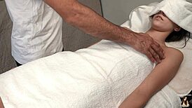 Pervert Masseur Gropes Oiled Small Tits During Massage